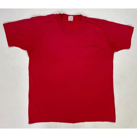 VINTAGE Pocket Blank T-shirt Women Medium Red 80s 90s Single Stitch - Picture 1 of 11
